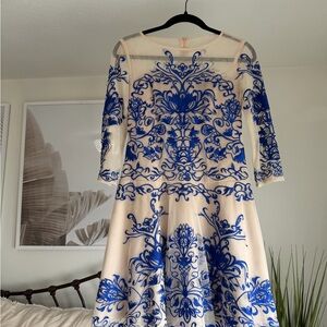 Elegant Blue and Cream Embroidered Dress